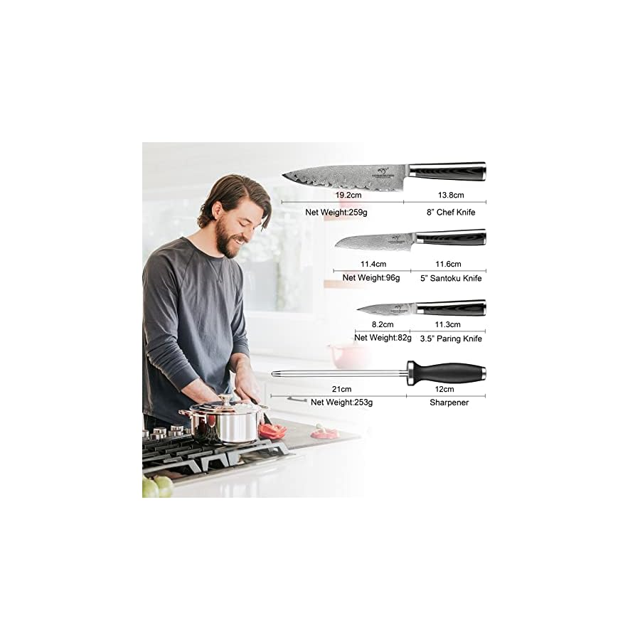 Chefs Knife Set with Gift Box, 4 Pieces Damascus Kitchen Knife Set, VG10 Steel Professional Knife Sets for Chefs, Knife Set with Non-slip Micarta Handle, Knife Sharpener and Chefs Knife