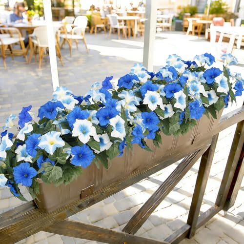 Image of Artificial Flowers for Outdoors, Faux Petunias Spring Summer Decoration, Fake Flowers Plants UV Resistant Look Real Silk Flowers for Outside Planter Front Door Porch Patio Yard (12, Blue-White)