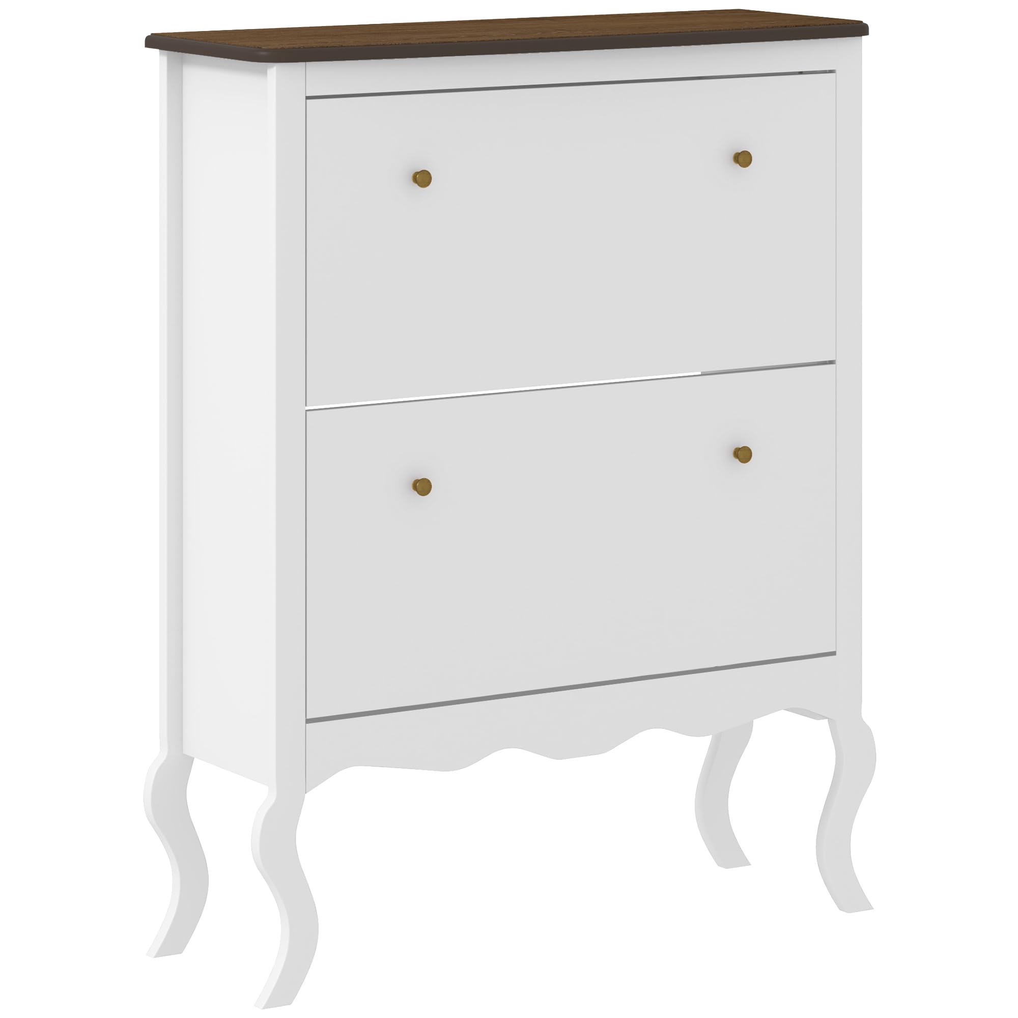 HOMCOM Mueble Zapatero Estilo Francés Zapatero de Entrada Recibidor con 2 Cajones Abatibles Estantes Ajustables para 16 Pares de Zapatos Zapatero Estrecho para Pasillo 84x29x109 cm Blanco