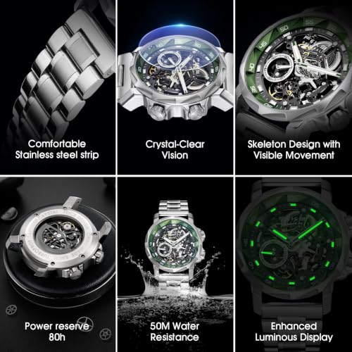 Image of FEICE FM511 Skeleton Auto Watch, Sapphire Luminous 5ATM Steel Strap.