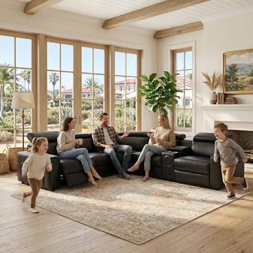 Image of Power Recliner Sectional Sofa, L-Shaped Living Room Furniture Set, Reclining Sectional Couch with Storage Console /Cup Holder for Living Room /House /Apt (Black, 5 Seater)