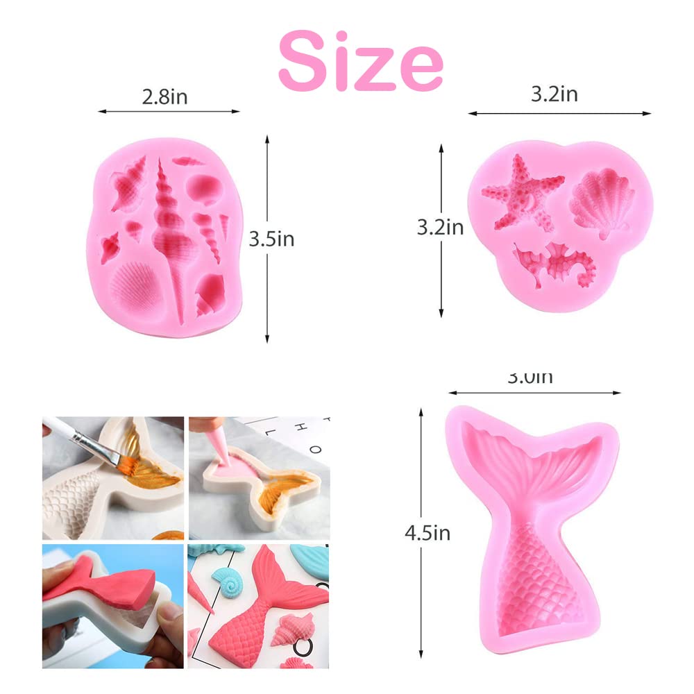 4 Pezzi Stampi Fondente in Silicone Sirena, 3D Animale Oceano Stampo per Torte, Stampo Coda Sirena, Stampo Conchiglie Sirenetta, Sirena Stampi Silicone, Fondant Mold per Decorare Torte, Cioccolato