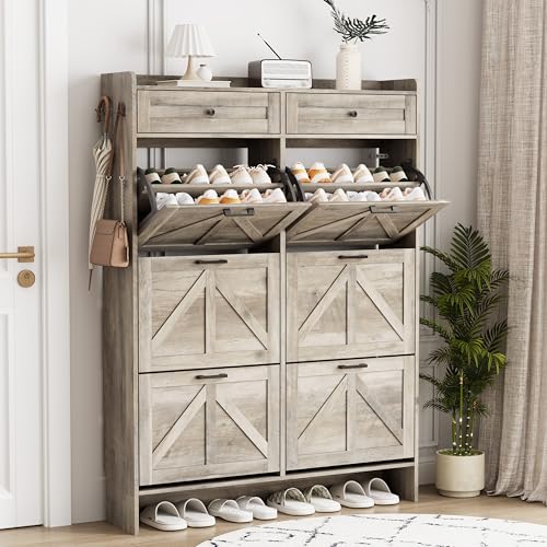 Image of Shoe Cabinet with 6 Flip Drawers & 2 Top Drawers, 57 inch Tall Freestanding Narrow Wooden Shoe Storage Organizer for Entryway, Hidden Slim Shoe Rack for Front Door Entrance, Hallway, Living Room, Grey