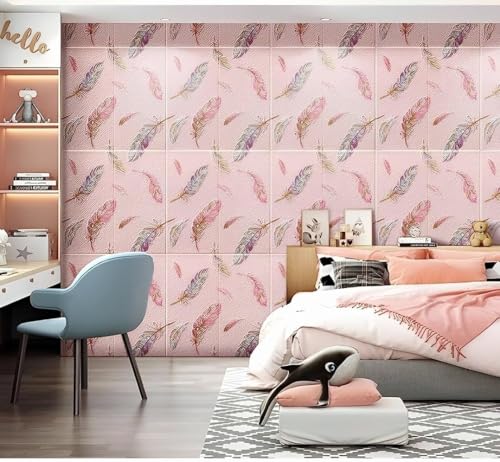 Image of KASHIVAL Self-Adhesive Waterproof PE Foam 3D Wall Panels Wallpaper Sticker for Bathroom, Living Room, Hotel and Home Decoration (70 x 70cm, Appx. 5.3Sq Feet) (JD Pink Feather)
