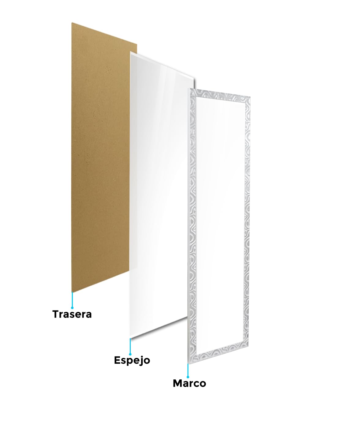 CHELY INTERMARKET MOD144 Espejo Pared Cuerpo Entero Decorativo Estilo Clásico para Salón Dormitorio Elegante Marco Relieve Blanco Plata 35x140 cm Incluye Kit Colgar Fabricado España