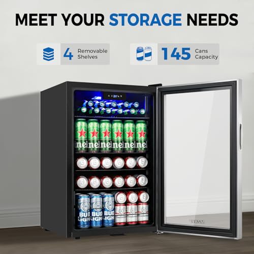 Image of 20 Inch Beverage Refrigerator Cooler, 145 Cans Mini Fridge with Glass Door&Lock, Small Drink Cooler Freestanding /Counter-Top for Soda, Beer with LED Light for Home Bar Office - 3.4 Cu.Ft, Silver