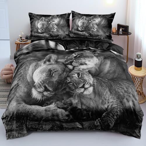 Holiyjog Lions Desgin Duvet Cover Set King Size Animal Print Bedding Sets Boys Bed Sets for Unique Decor