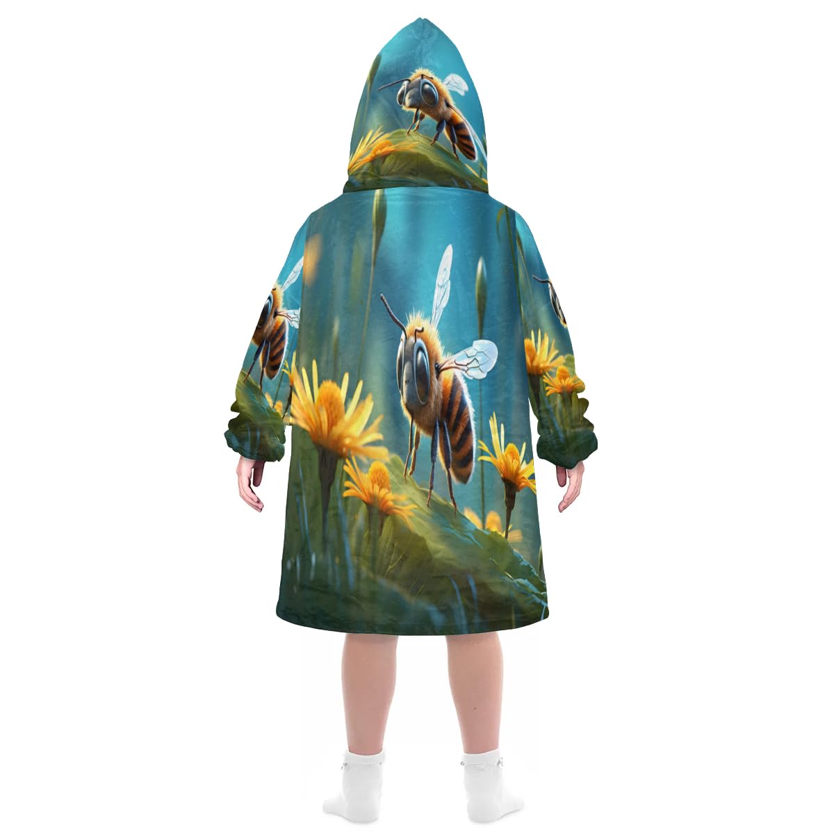 Kids Blanket Hoodie Cute Bee Flower Wearable Blanket Hoodie Oversized Hooded Blanket, Sweatshirt Blanket with Pockets Soft Warm Kids Hooded Blanket for Girls, Boys