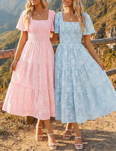 Image of ZESICA Wedding Guest Dresses for Women Summer 2026 Boho Floral Midi Dress Flowy Beach Vacation Graduation Long Dresses