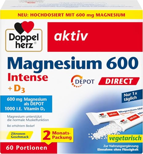 Doppelherz Magnesium 600 Intense + D3 DEPOT DIRECT - Hochdosiert mit 600 mg Magnesium plus 25 g Vitamin D pro Portionsbeutel - 60 Portionen mit Zitronen-Geschmack