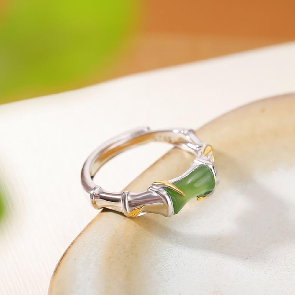 Anillo de plata S925 con incrustaciones de jaspe hetiano natural, nudo de bambú y hoja de bambú (apertura ajustable) para mujer, Jade, Sin piedras preciosas