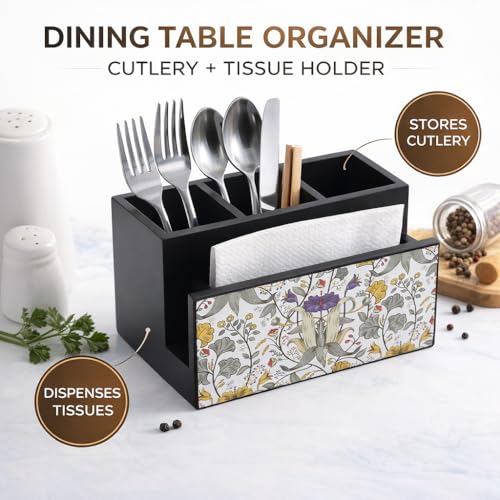 Image of Reinvention Factory Wooden Cutlery Holder I Countertop Organizer - Spoon Fork Knife Napkin Tissue Paper I Home & Kitchen I Size 7 inch X 5 inch X 4 inch I Retro Hibiscus