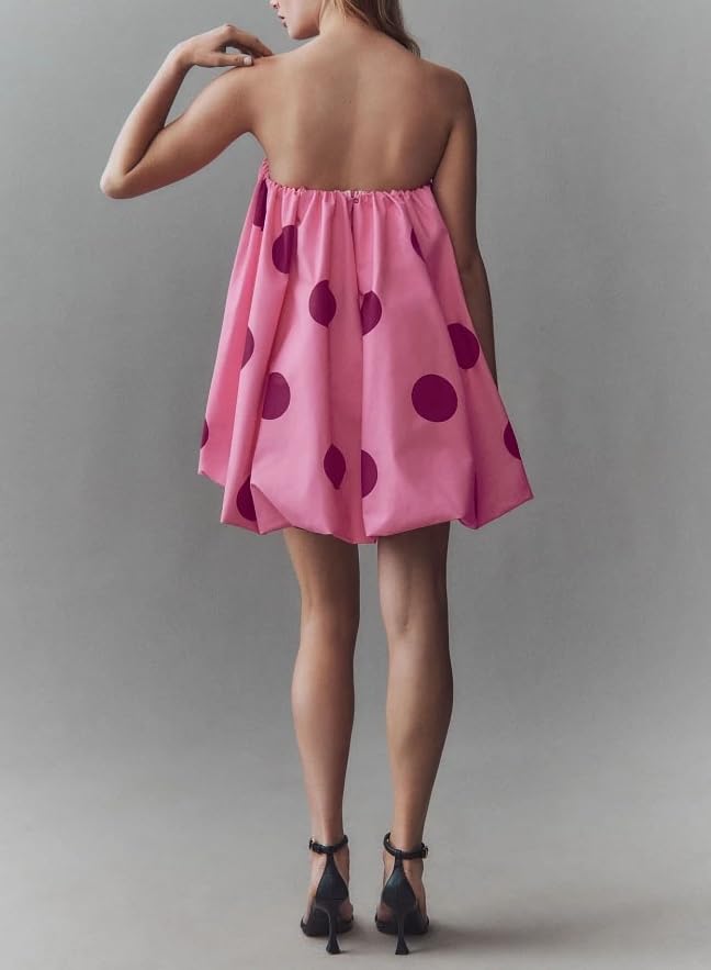 Image of Faretumiya Women Polka Dot Bubble Mini Dress Strapless Flowy Short Tube Dress Off Shoulder Y2k Balloon Dress Party Beach(