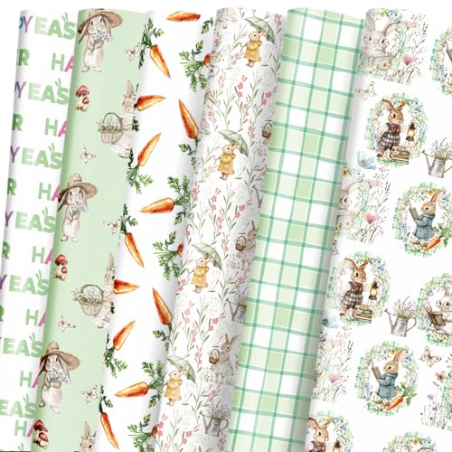 LeZakaa Easter Wrapping Paper Sheets Bunny Carrot Green Plaid Vintage Gift Wrap for Easter Basket Kids Birthday Baby Shower and Spring Celebration Folded Flat 6 Sheets 19.7 x 27.5 Per Sheet
