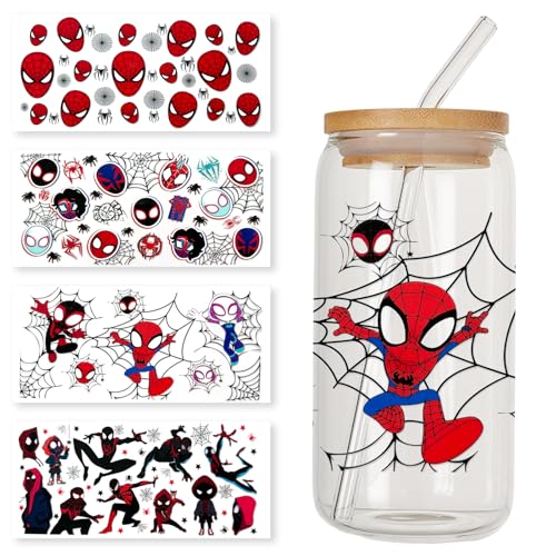 4 Sheets UV DTF Cup Wraps, Waterproof Tumbler Decal Stickers for Glass Cups, Cartoon Design, DIY Heat Transfer Vinyl Stickers for Cups (White)