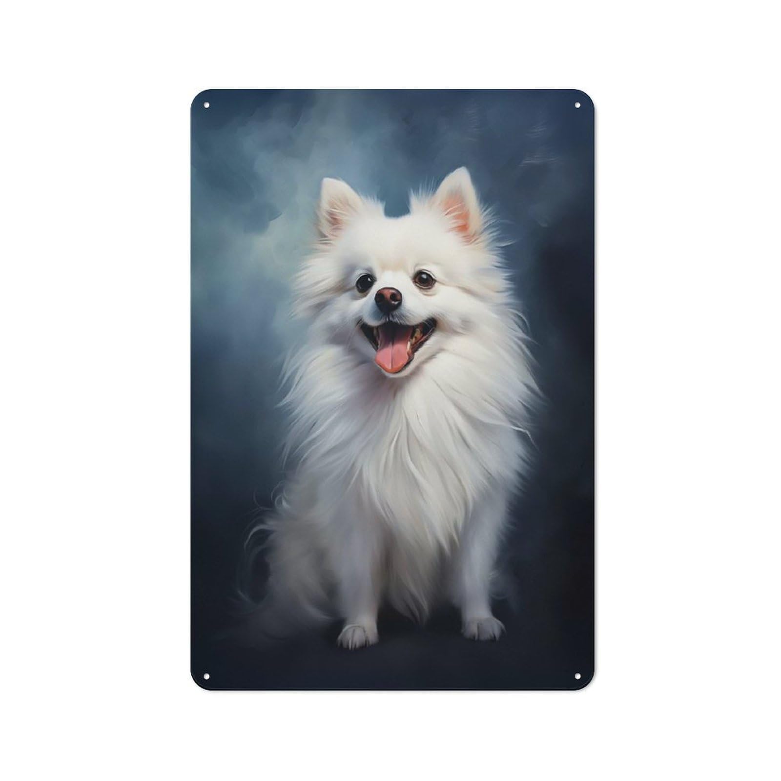 Junmoney Style-9 Smiling White Pomeranian Decorative Metal Plaque, Easy To Hang Plaque For Garden Shed, Covered Patio, Kitchen Or Hallway, 30X20cm