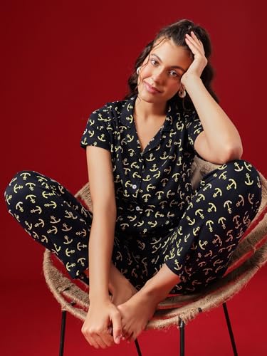 Image of Clovia Women's Cotton Printed Button Down Shirt & Pyjama Night Suit Set