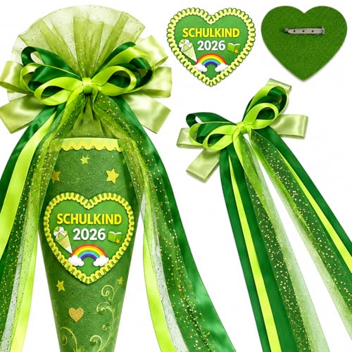 Scinzene Schultüte Schleife Grün mit Schulkind 2026 Anstecker 2-teiliges Schultütenschleife Set Zuckertüten Schleife für Einschulung Deko Mädchen und Jungen 20x60cm Schultüte Zubehör