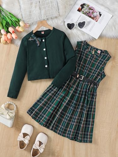 Image of PureChapter Girls' Preppy Clothes Plaid Vest Dress Cardigan Jacket Belt Cute Kids Clothes 7-14Y Green