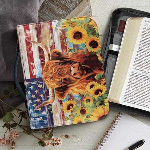 Poceacles American Flag Highland Cow Sunflower Bible Cover Bag Waterproof Bible Tote Bag Multi-Purpose Book Carrying Case Protector with Handle PU Leather Church Tote Organizer for Women Men, 2XL3