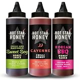 Hot Star Honey Asian Sauce Gift Set – Includes Sweet Soy, Cayenne Chilli & Korean BBQ Sauce – 100% Natural, No Additives – Perfect for Chicken, Pizza, Pasta, Steak & Noodles – Made in UK – 1030g