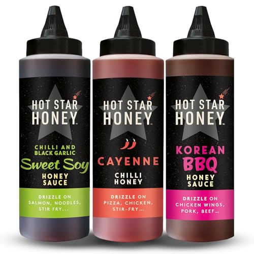Hot Star Honey Asian Sauce Gift Set – Includes Sweet Soy, Cayenne Chilli & Korean BBQ Sauce – 100% Natural, No Additives – Perfect for Chicken, Pizza, Pasta, Steak & Noodles – Made in UK – 1030g