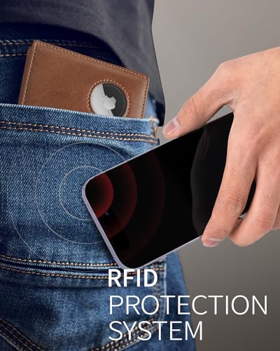 Image of AirTag Wallet for Men Genuine Leather Bifold Wallet with AirTag Holder RFID Blocking Wallet With 2 ID Window and 12 Cards Holders Gift Box (Airtag Not included) (Caramel Brown)