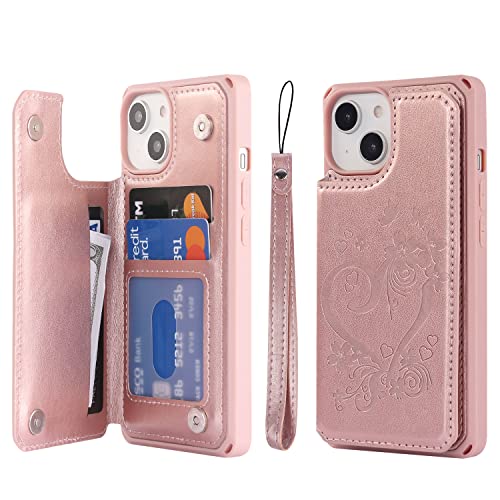 Cavor for iPhone 14 Case with Card Holder,iPhone 14 Wallet Case for Women,Phone Cases for iPhone 14 with Stand,iPhone 14 Leather Case Strap Shockproof Cover for Men- Rose Gold
