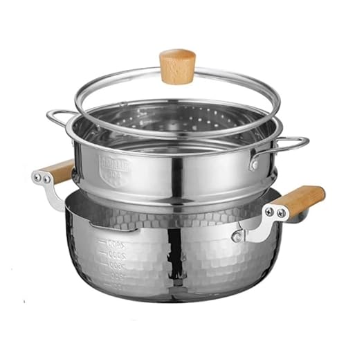 Vzfv 雪平鍋 IH/電磁調理器対応 ステンレス クラッド構造 ガラス蓋付き 22cm ラーメン・一人用 調理器具 家庭用 単身・一人暮らし向け 多機能 うどん/スープ/煮込み (18cm,スープポット+蒸し器)