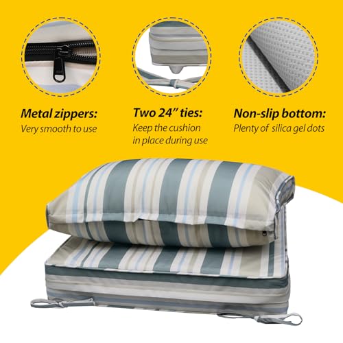 Image of AAAAAcessories Outdoor Seat Cushions for Chairs, Fade-Resistant, Waterproof Patio Furniture Replacement Cushions, 23.5 inch x 25.5 inch x 5 inch + 23.5 inch x 13.5 inch, Set of 2, Slate Gray Blue Coastal Stripe