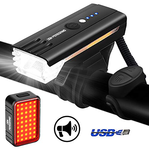 DONPEREGRINO S2  LED Luces Bicicleta Delantera y Trasera USB Recargables, 500 LM Luz Delantera con Bocina 100 Db & 100 LM Luz Trasera Bicicleta para Seguridad de Ciclismo Montaña y Carretera