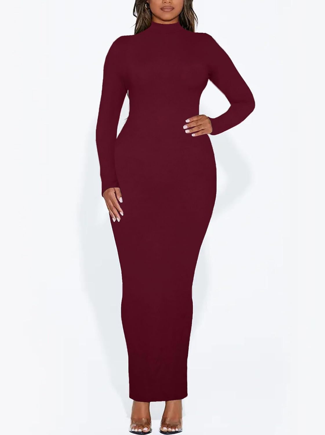 Women's Long Sleeve Bodycon Dress Maxi Mock Neck Fall Winter Casual Club Party T Shirts Tight Dresses - Image 5