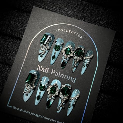 Halloween 3D Press on Claw Nails Set, 10Pcs S Reusable Dragon Eagle Cat Claw Designs in Glossy Black,Long Stiletto Gothic Fake P