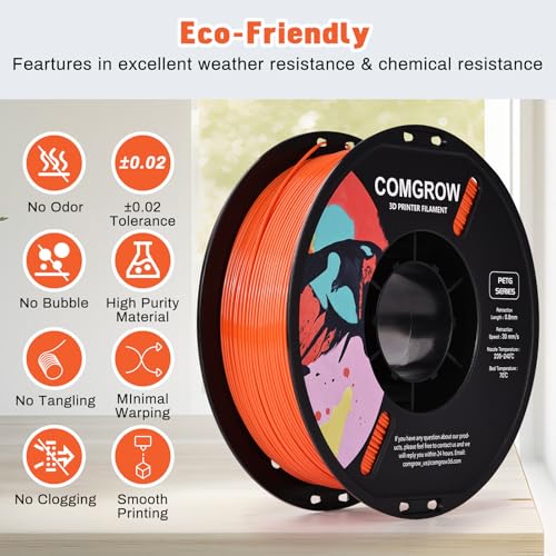 Image of Comgrow PETG 3D Printer Filament 1.75mm, High Precision and Tough 3D Printer Filament 1kg (2.2LBS), Dimensional Accuracy + /- 0.02 mm, Fit Most 3D Printers Orange