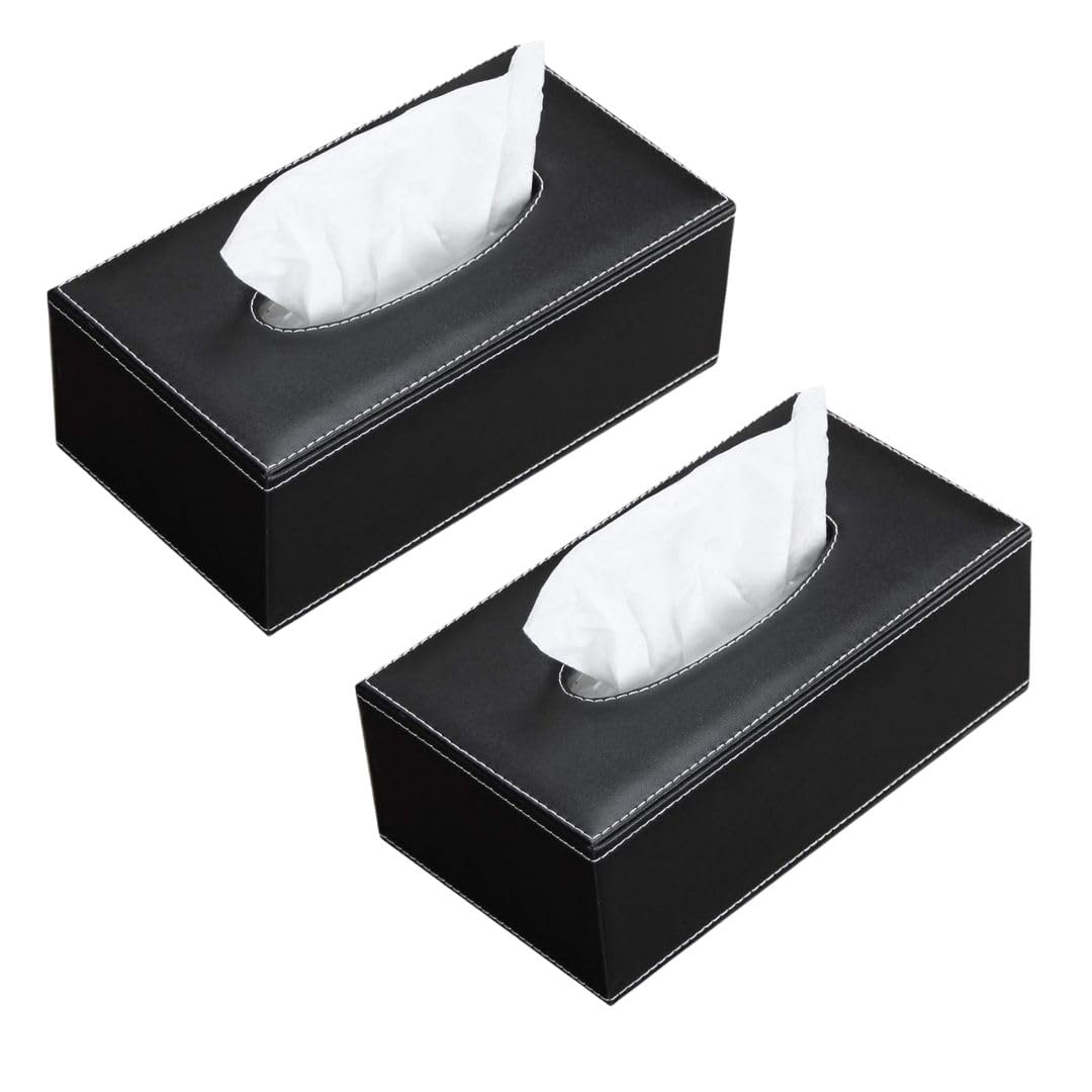 2-Pack Rectangular PU Leather Tissue Box Cover - Modern Tissue Holder for Facial Paper, Napkin Dispenser for Bathroom Vanity, Nightstand, Office, Car