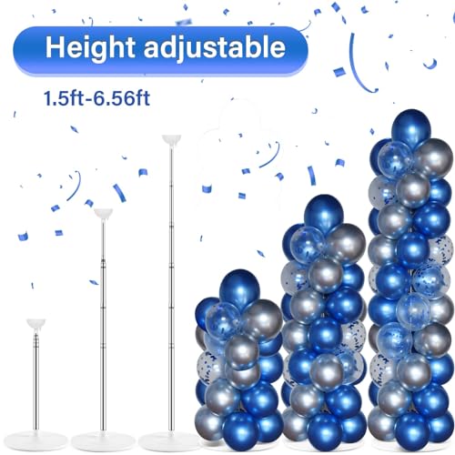 Image of 2 Sets Navy Blue and Silver Balloon Column Stand Kit with 100 Balloons Adjustable Balloon Tower Stand with Bases for Floor Confetti Balloon Column Kit for Graduation Birthday Appreciation Party Decor