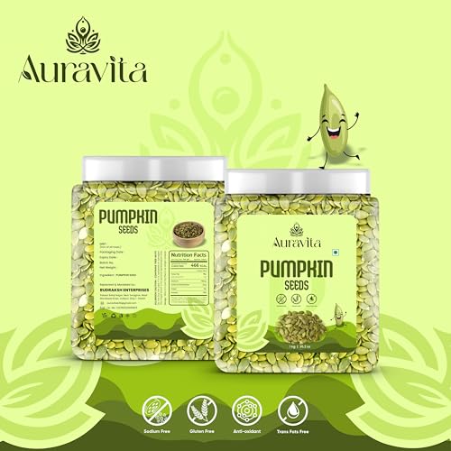 Image of Auravita Premium Pumpkin Seeds 1KG | Raw & Natural Seeds for Eating | Protein Rich Healthy Snacks | Immunity Booster Superfood for Gift | High Fiber Diet Seeds | Vegan & Gluten Free
