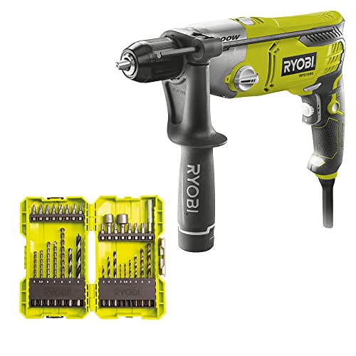 RYOBI - Perceuse Filaire à Percussion 220V, 1200W - 2 Vitesses, Mandrin 13mm Autoserrant - Butée Profondeur - LED - Poignée Auxiliaire avec Rangement Forets + Coffret...