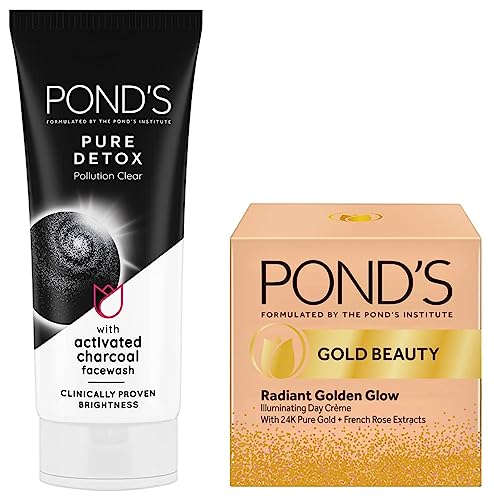 Image of Pond's Gold Beauty Day Cream 23 g & POND'S Pure Detox Face Wash 100 g, Daily Exfoliating & Brightening Cleanser, Deep Cleans Oily Skin - With Activated Charcoal for Fresh, Glowing Skin