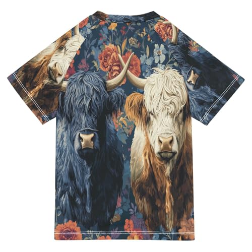 Boys Short Sleeve T-Shirts Highland Cow Cattle Flower Rashguard Kids Swim Shirts Sun UPF 50+2
