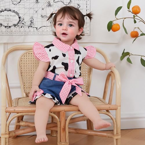 Western Baby Girl Denim Outfits Cow Print Shirt Toddler Ruffle Sleeve Button Down Tops Bowknot Wide Leg Jean Shorts4