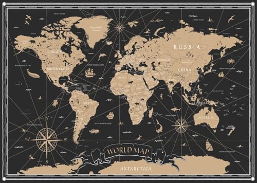 Gorpic 9x6ft Fabric Classic Black Gold World Map Photography Backdrops