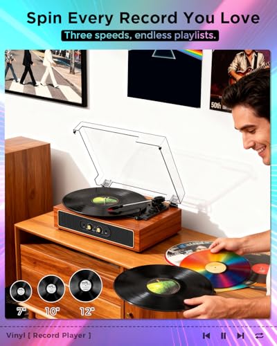 Bluetooth Record Player with RGB Lights, 3-Speed Belt-Drive Turntable with Built-in Stereo Speakers, Bass/Treble Control, Auto Stop, AUX in/Out, RCA Out, Retro Wood Vinyl Player for Home & Gift Use - Les Beatles, Paul McCartney, John Lennon, RIngo Starr, George Harrison Bluetooth Record Player with RGB Lights, 3-Speed Belt-Drive Turntable with Built-in Stereo Speakers, Bass/Treble Control, Auto Stop, AUX in/Out, RCA Out, Retro Wood Vinyl Player for Home & Gift Use – Image 5