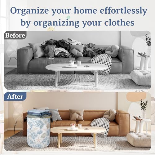 Image of Starfish Coral Shells Laundry Hamper With Handle,Foldable Oxford Cloth Ocean Laundry Basket,20.8 inchx16 inch Clothes Storage Basket for Laundry Room /Bedroom /Bathroom
