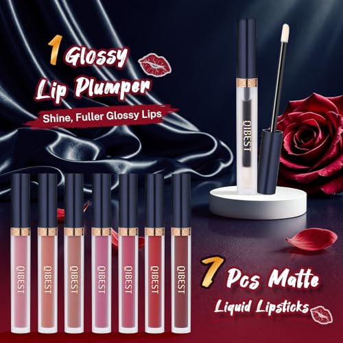 QiBest 7Pcs Matte Liquid Lipstick + 1Pcs Lip Plumper Makeup Set Kit, Pigmented Long Lasting Lip Gloss Set, Velvet Waterproof Halloween Lip Makeup Valentine's Day Gift Sets for Girls and Women