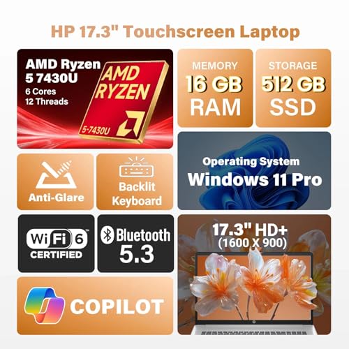 Image of HP 17 Touchscreen Business Laptop - 17.3 inch Anti-Glare HD+ Display, Windows 11 Pro, Copilot Computer, AMD Ryzen 5 7430U (up to 4.3GHz), Backlit Keyboard, Wi-Fi 6, Fast Charge | 16GB RAM + 512GB SSD