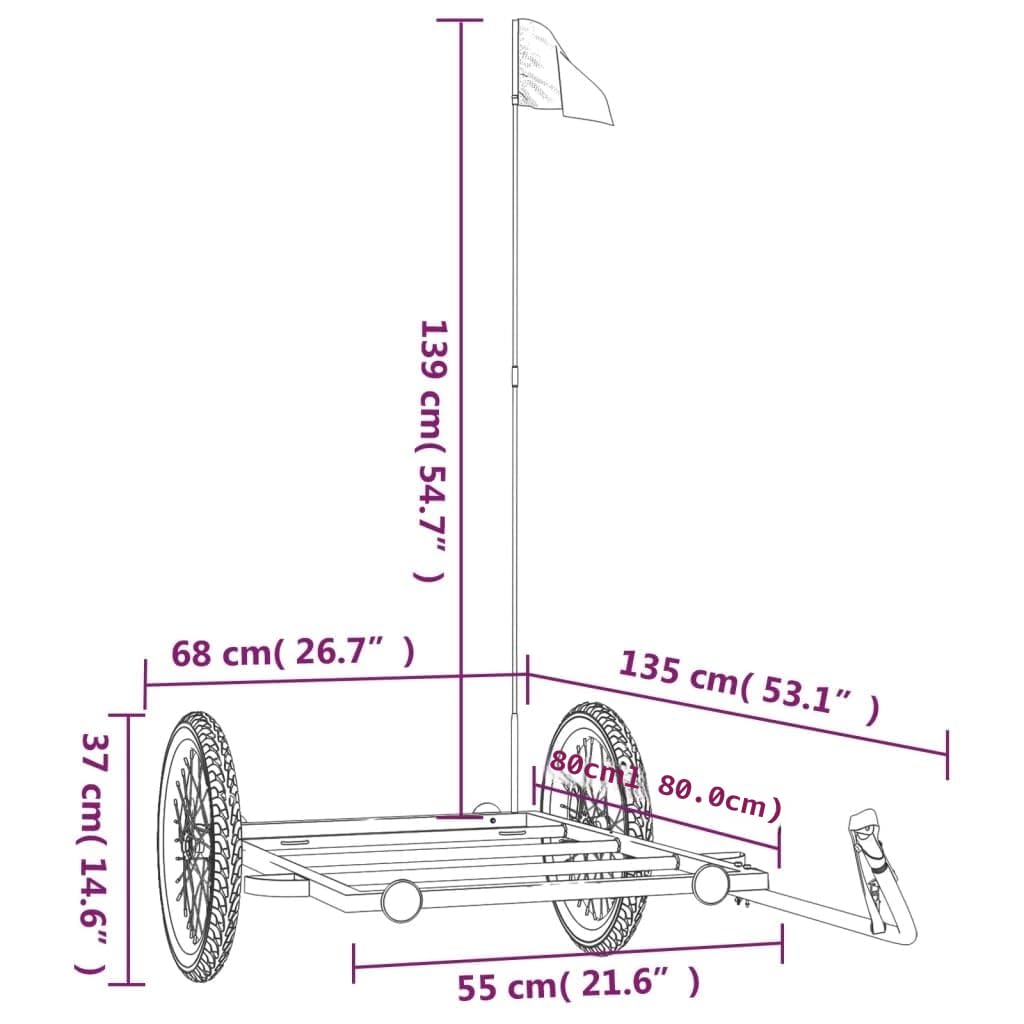 vidaXL Fahrradanhänger 135x68x37 cm, pulverbeschichtetes Eisen, Schwarz, Fahrradkarren für Gepäck, Pflanzen & Werkzeuge, Sicherheitsflagge, Tragkraft 45 kg, Outdoor Transport
