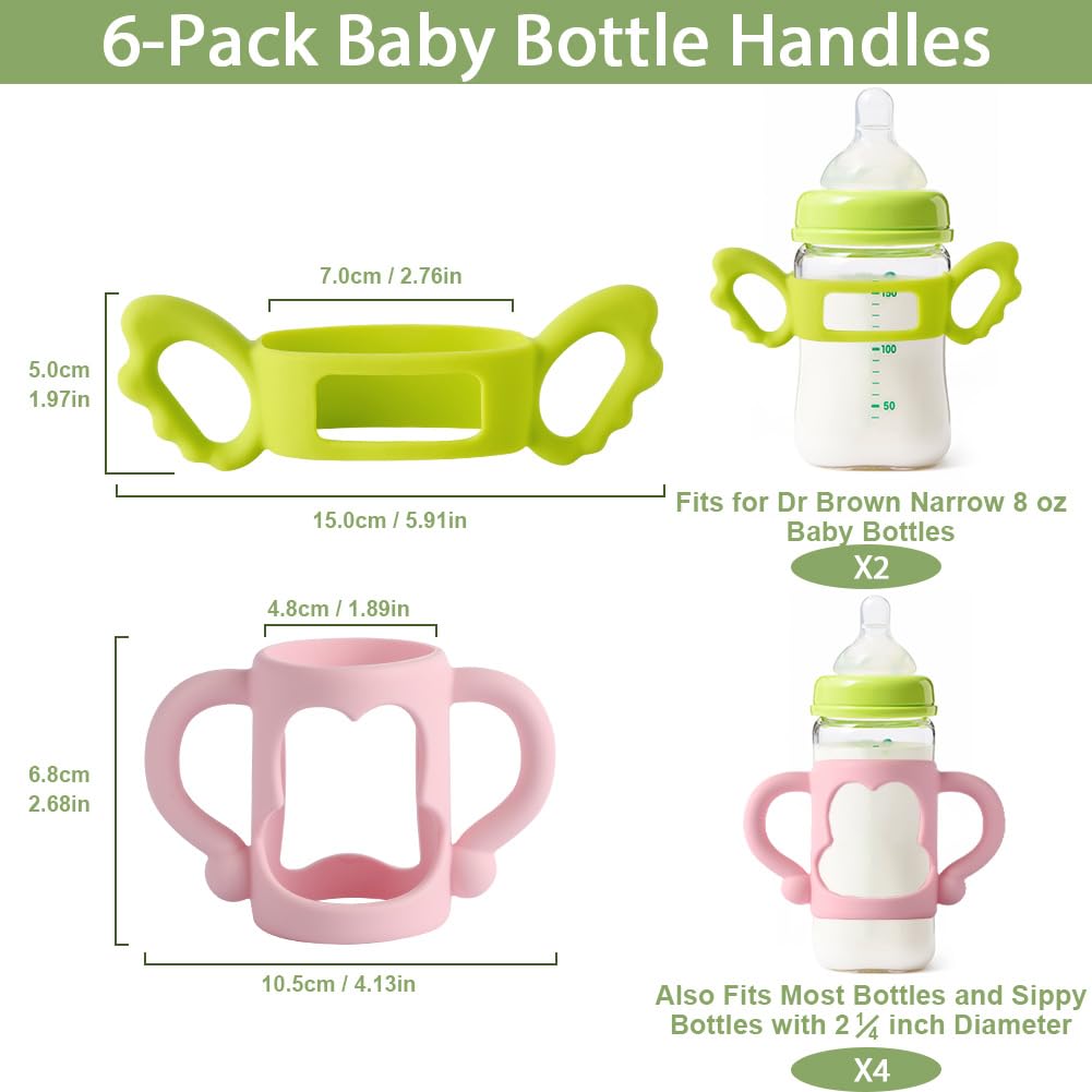 Aohcae 6-Pack Bottle Handles for Dr Brown Narrow Baby Bottles, Soft Silicone Bottle Holder for Baby Self Feeding, Teach Babies to Drink Independently, Easy Grip, BPA Free