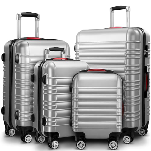 Monzana® Juego de 4 Maletas Rígidas Equipaje Set Trolley Viaje Incl. Accesorios Maleta S-M-L-XL Plata