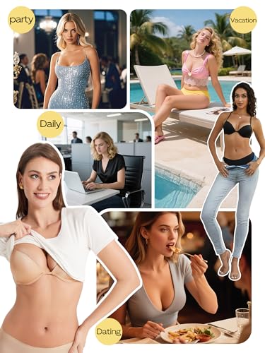 Image of Push Up Bra Deep Plunge Thick Padded Add Cup Smooth T Shirt Bras Underwire Demi Low Cut Molded Bralette